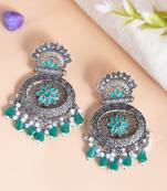 Floral designed green drops chandbali earrings copper silver plated for women & girls