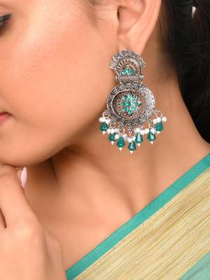 Floral designed green drops chandbali earrings copper silver plated for women & girls 2