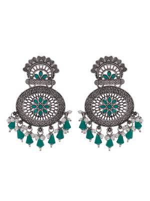 Floral designed green drops chandbali earrings copper silver plated for women & girls 3