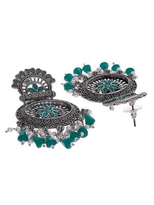 Floral designed green drops chandbali earrings copper silver plated for women & girls 4