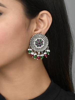 Oxidised silver ethnic drop earrings | red green circular big studs earrings copper for women & girls 1