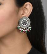 Oxidised silver ethnic drop earrings | red green circular big studs earrings copper for women & girls
