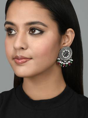 Oxidised silver ethnic drop earrings | red green circular big studs earrings copper for women & girls 2