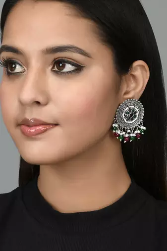 Oxidised silver ethnic drop earrings | red green circular big studs earrings copper for women & girls