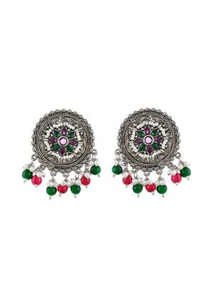 Oxidised silver ethnic drop earrings | red green circular big studs earrings copper for women & girls 3