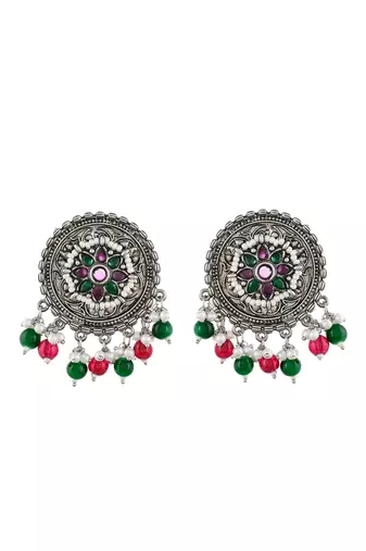 Oxidised silver ethnic drop earrings | red green circular big studs earrings copper for women & girls