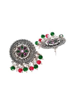 Oxidised silver ethnic drop earrings | red green circular big studs earrings copper for women & girls 4