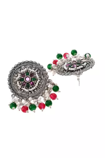 Oxidised silver ethnic drop earrings | red green circular big studs earrings copper for women & girls