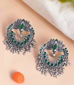 Oxidised lotus design ethnic drop earrings | green circular big studs earrings copper for women & girls