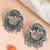 Oxidised lotus design ethnic drop earrings | green circular big studs earrings copper for women & girls