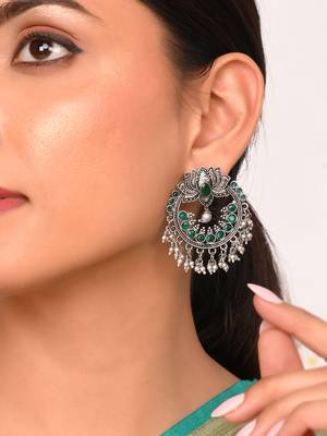 Oxidised lotus design ethnic drop earrings | green circular big studs earrings copper for women & girls 2
