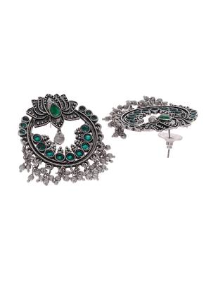 Oxidised lotus design ethnic drop earrings | green circular big studs earrings copper for women & girls 3
