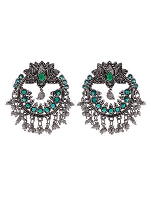 Oxidised lotus design ethnic drop earrings | green circular big studs earrings copper for women & girls 4