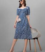 Blue floral printed a-line midi dress