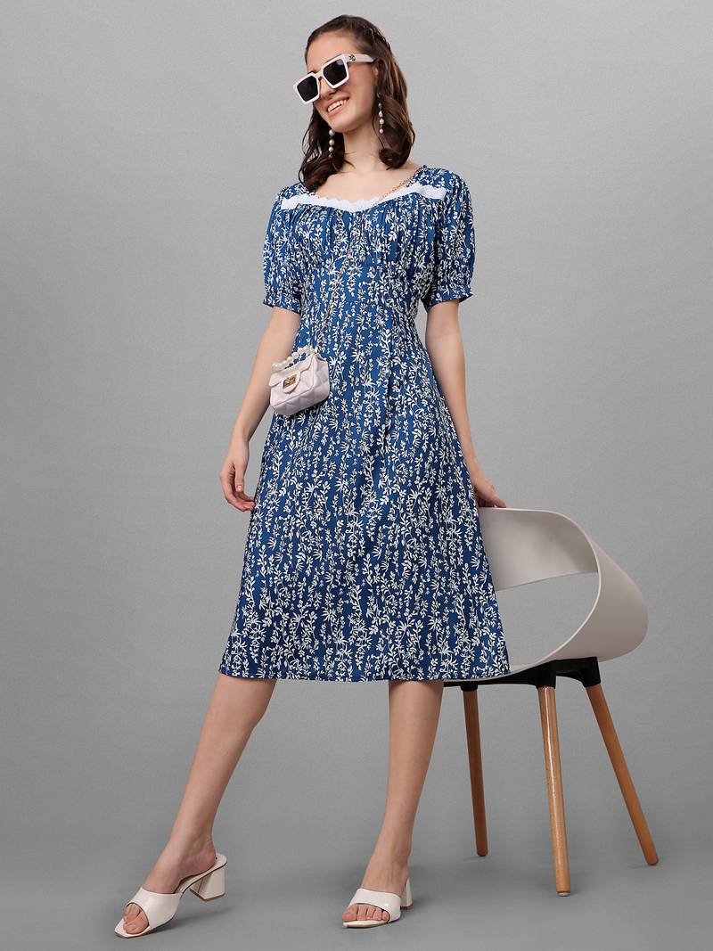 Blue floral printed a-line midi dress