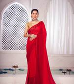 Red Plain Georgette Patta Party Wear Saree With Matching Blouse