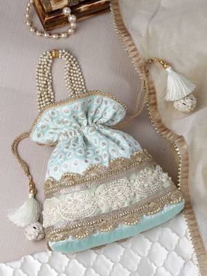 dangle cyan & gold embroidered & embellished faux silk potli 1