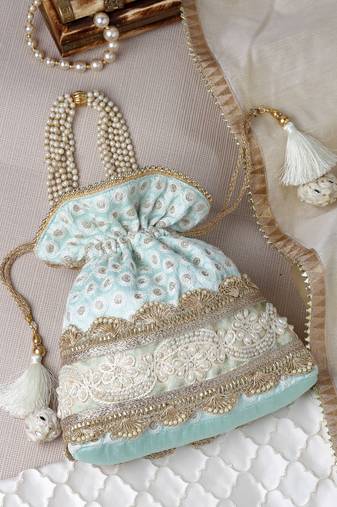 dangle cyan & gold embroidered & embellished faux silk potli