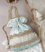 dangle cyan & gold embroidered & embellished faux silk potli