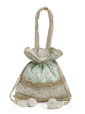dangle cyan & gold embroidered & embellished faux silk potli 3