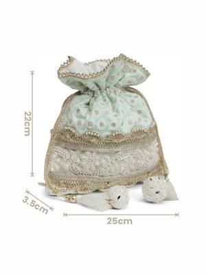 dangle cyan & gold embroidered & embellished faux silk potli 4