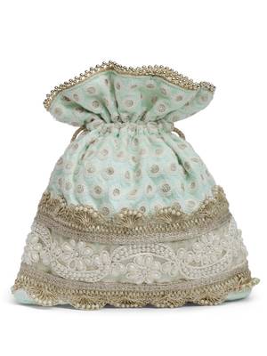 dangle cyan & gold embroidered & embellished faux silk potli 5