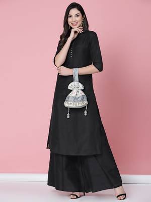 Anekaant dangle off white, grey & multi ditsy embroidered faux silk potli 2