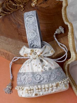 Anekaant dangle off white, grey & multi ditsy embroidered faux silk potli 1