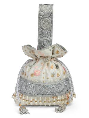 Anekaant dangle off white, grey & multi ditsy embroidered faux silk potli 3