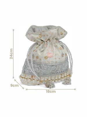 Anekaant dangle off white, grey & multi ditsy embroidered faux silk potli 4