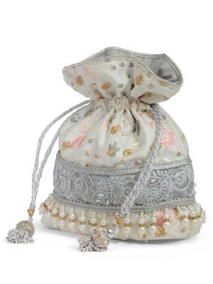Anekaant dangle off white, grey & multi ditsy embroidered faux silk potli 5