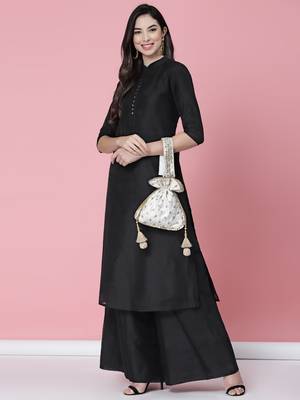 dangle off white & gold harlequin embroidered faux silk potli 2