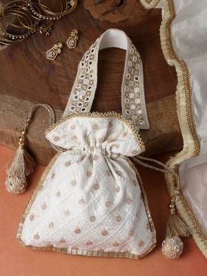 dangle off white & gold harlequin embroidered faux silk potli 1