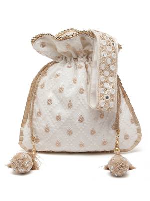 dangle off white & gold harlequin embroidered faux silk potli 3
