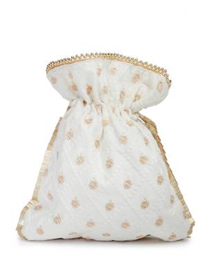 dangle off white & gold harlequin embroidered faux silk potli 5