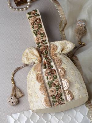 Anekaant dangle beige & multi ogee embroidered faux silk potli 1