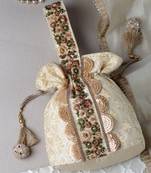 Anekaant dangle beige & multi ogee embroidered faux silk potli