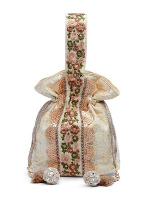 Anekaant dangle beige & multi ogee embroidered faux silk potli 3