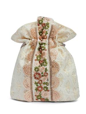 Anekaant dangle beige & multi ogee embroidered faux silk potli 5