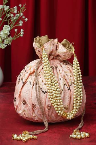 dangle pink & gold chevron embroidered faux silk potli