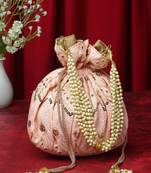dangle pink & gold chevron embroidered faux silk potli