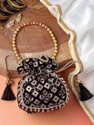 dangle black & copper harlequin embroidered velvet potli 1