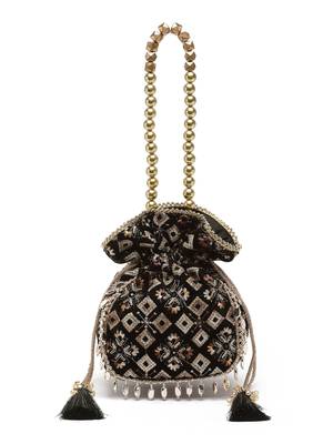 dangle black & copper harlequin embroidered velvet potli 3