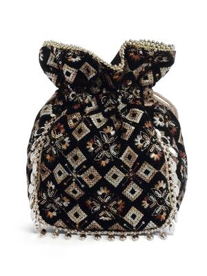 dangle black & copper harlequin embroidered velvet potli 5