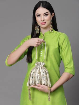 dangle beige & gold striped embellished faux silk potli 2