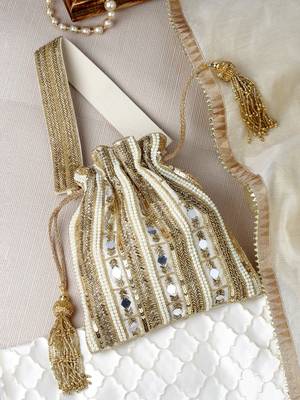 dangle beige & gold striped embellished faux silk potli 1