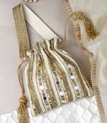 dangle beige & gold striped embellished faux silk potli