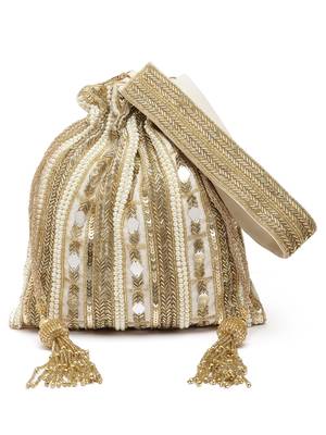 dangle beige & gold striped embellished faux silk potli 3