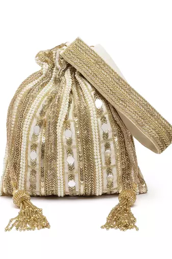 dangle beige & gold striped embellished faux silk potli