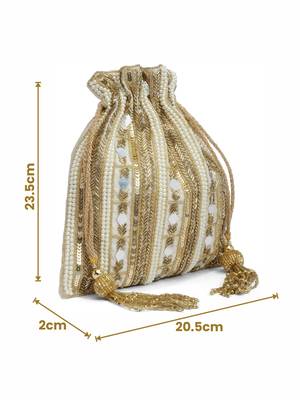 dangle beige & gold striped embellished faux silk potli 4